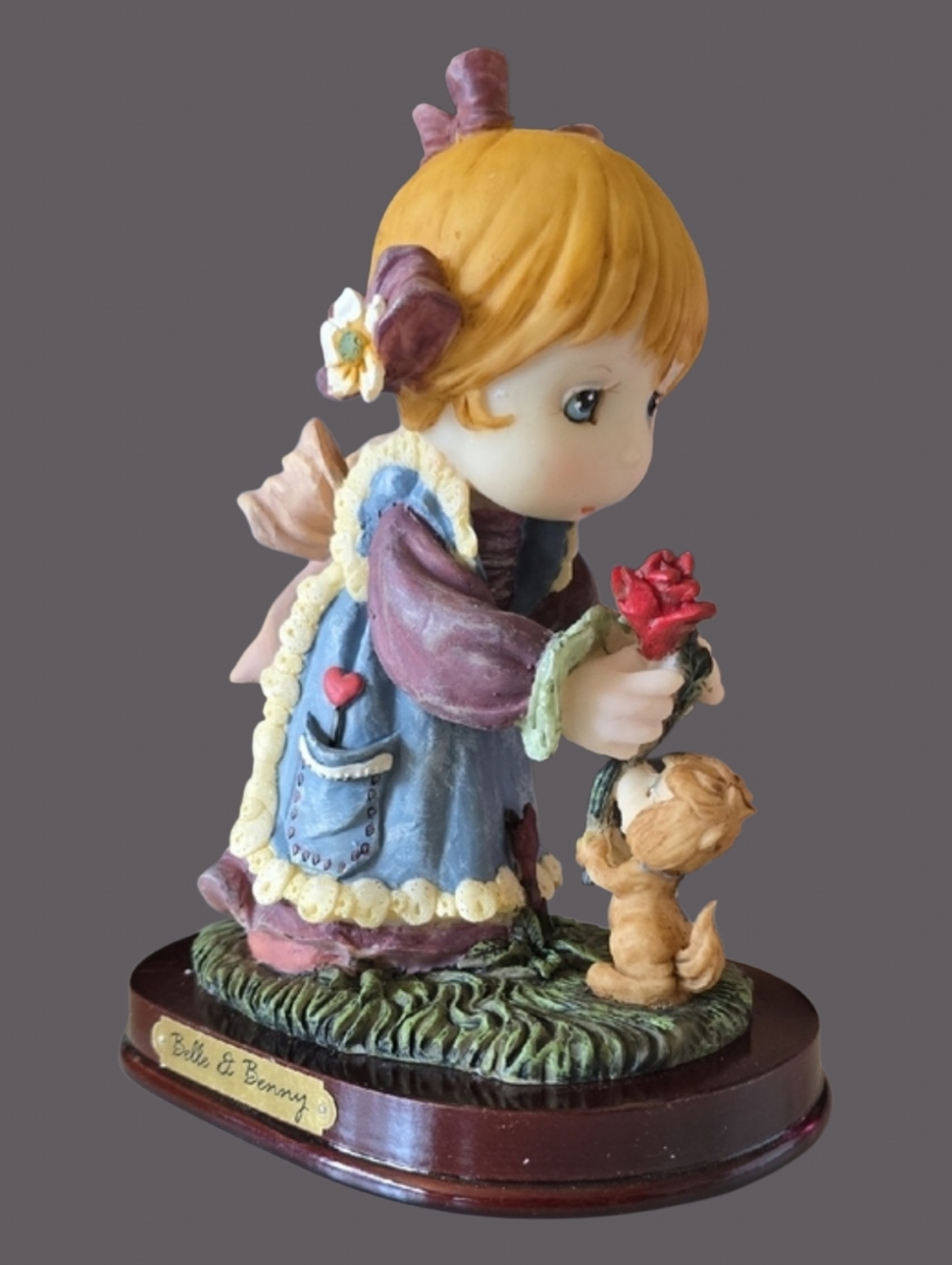 Vtg Precious Moments Style Ceramic Figurine W/ Puppy Garden Rose Nursery Decor